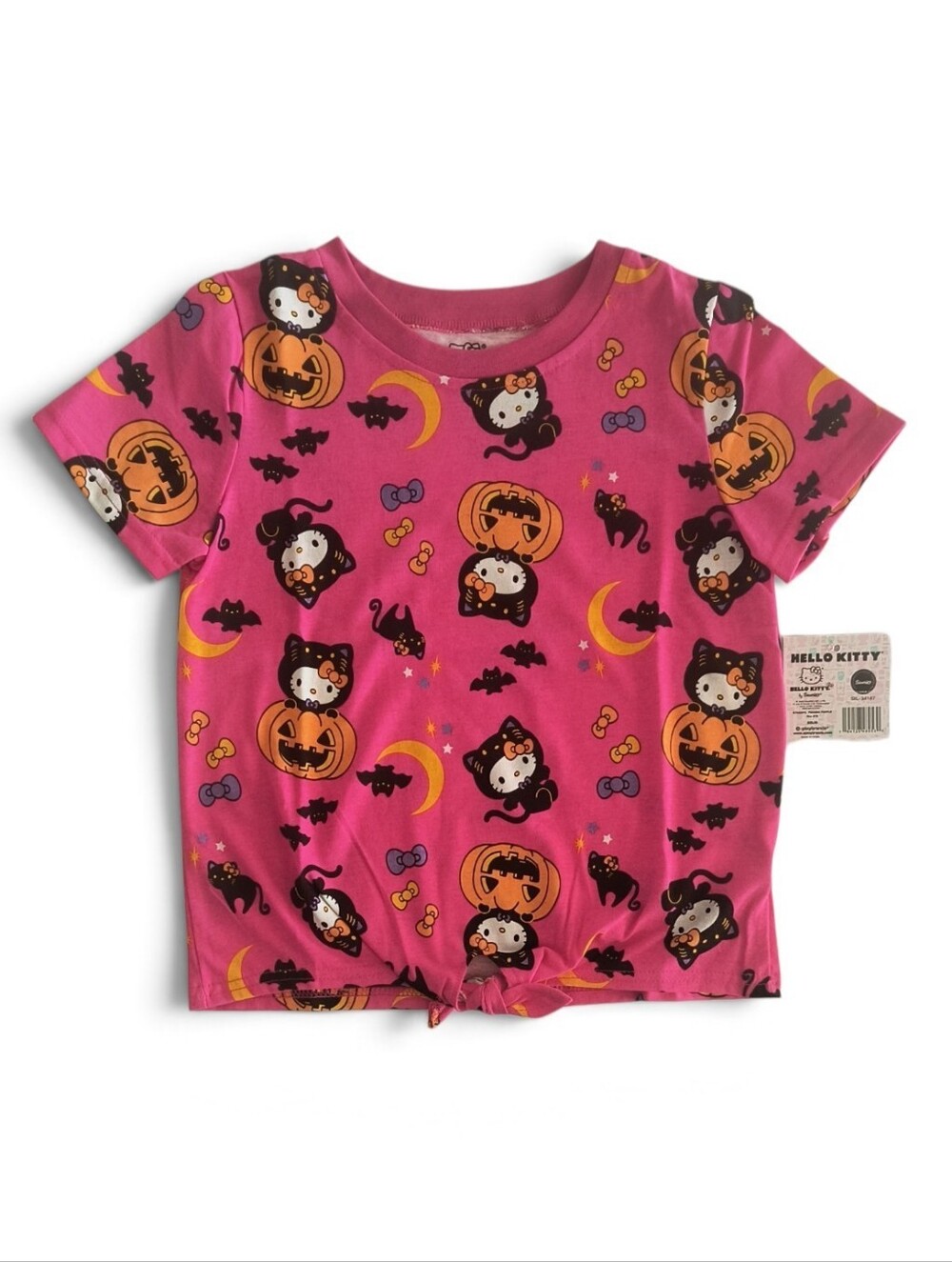 Sanrio Hello Kitty Pink Halloween Short Sleeve Tie Knot T-Shirt Size 8/10